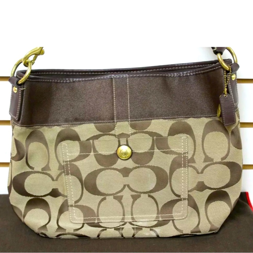Authentic Coach Signature Canvas Satin Jacquard C Brown Shoulder Bag L0771-11689